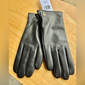 Michael Kors Black Leather Gloves with Gold Accent